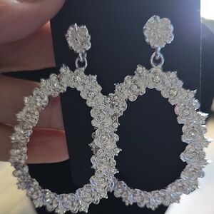 Source Unknown Silver Floral Crystal Open Hoop Earrings